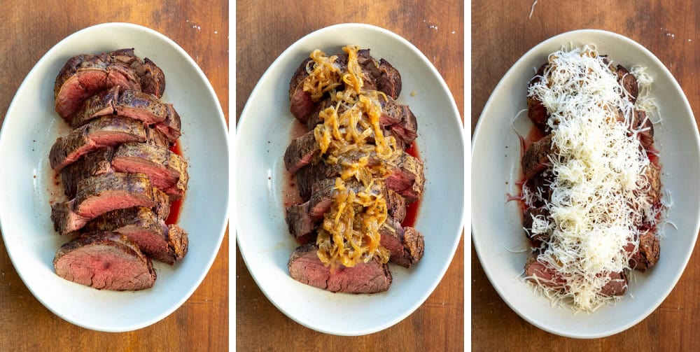 Process of adding french onion and cheese to a beef tenderloin Process of adding french onion and cheese to a beef tenderloin.