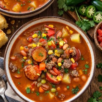 Bowls of Green Chili Cowboy Stew on a wooden table from overhead.