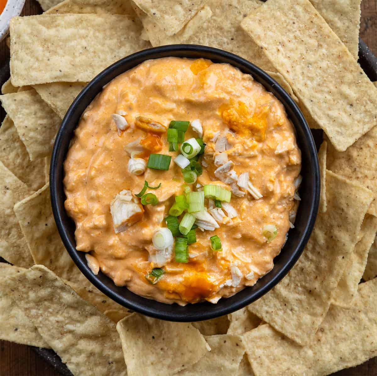 Black bowl of Slow Cooker Buffalo Chicken Dip surrounded by chips Black bowl of Slow Cooker Buffalo Chicken Dip surrounded by chips.