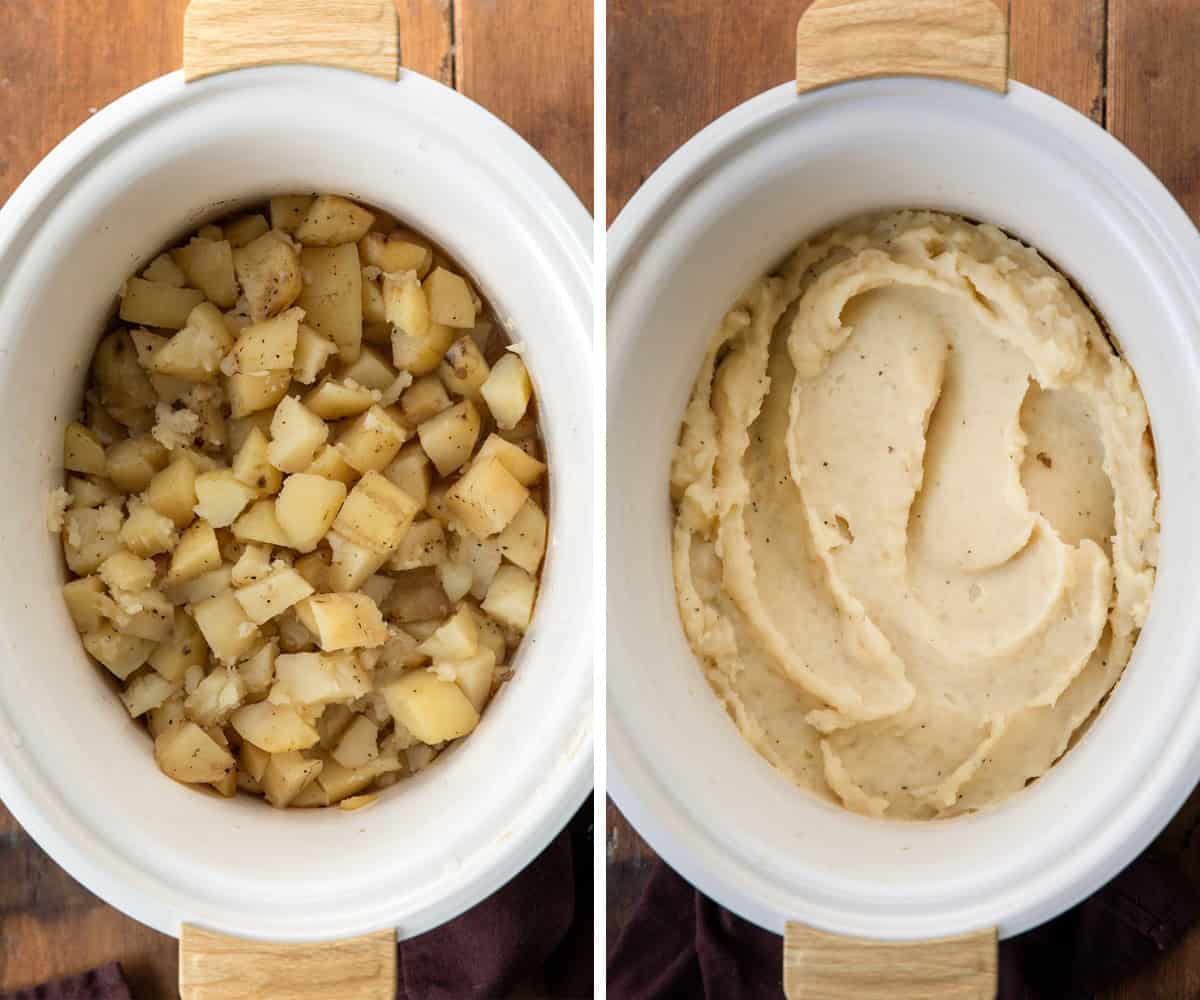 Process of making Slow Cooker Mashed Potatoes with a before being mashed and after being mashed image Process of making Slow Cooker Mashed Potatoes with a before being mashed and after being mashed image.